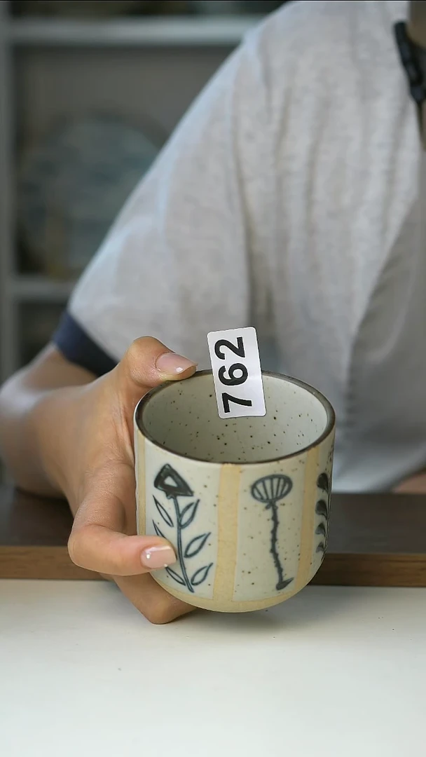762微瑕青花手绘百草花手握杯260ml@4-2@