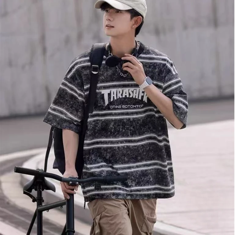 【3797】渐变条纹英文印花短袖