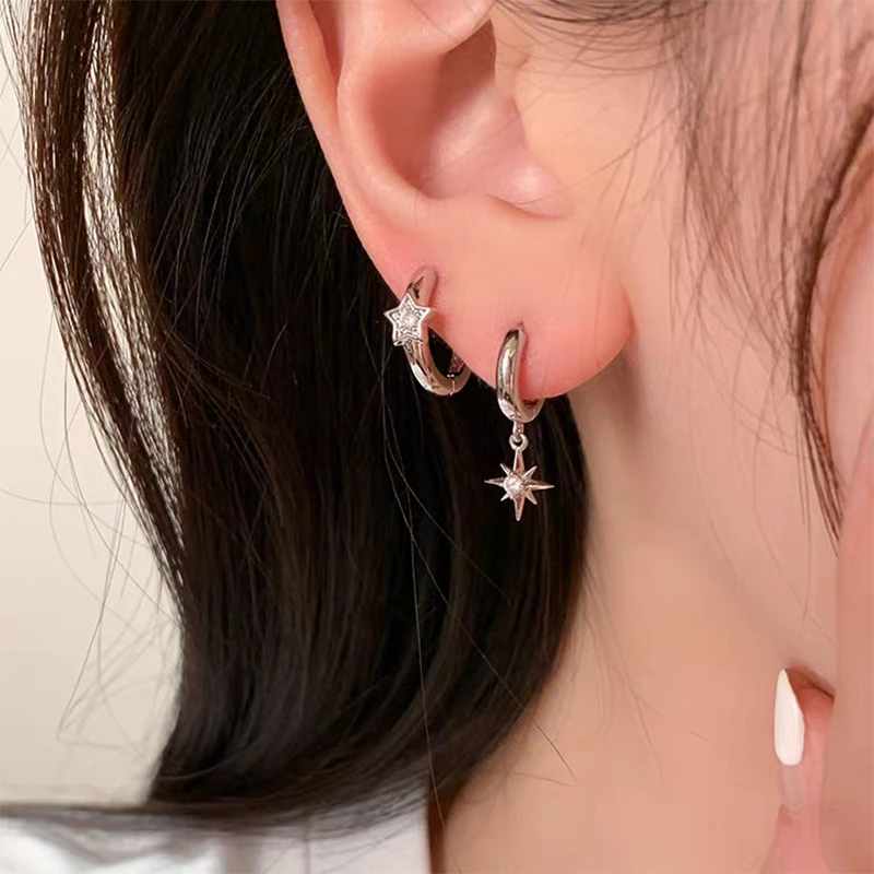 合金耳饰 不对称八芒星叠戴小耳圈女简约百搭耳环高级感潮流耳扣