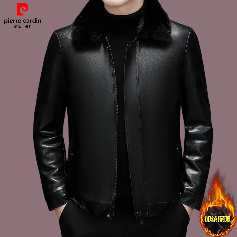 皮尔卡丹冬季翻领男皮衣可脱卸毛领皮夹克加厚保暖中年爸爸款外套