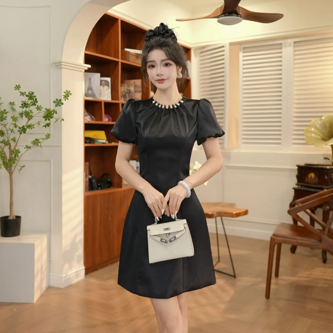 【JANE·简】2024夏新款显瘦气质小个子白色法式收腰圆领连衣裙9848