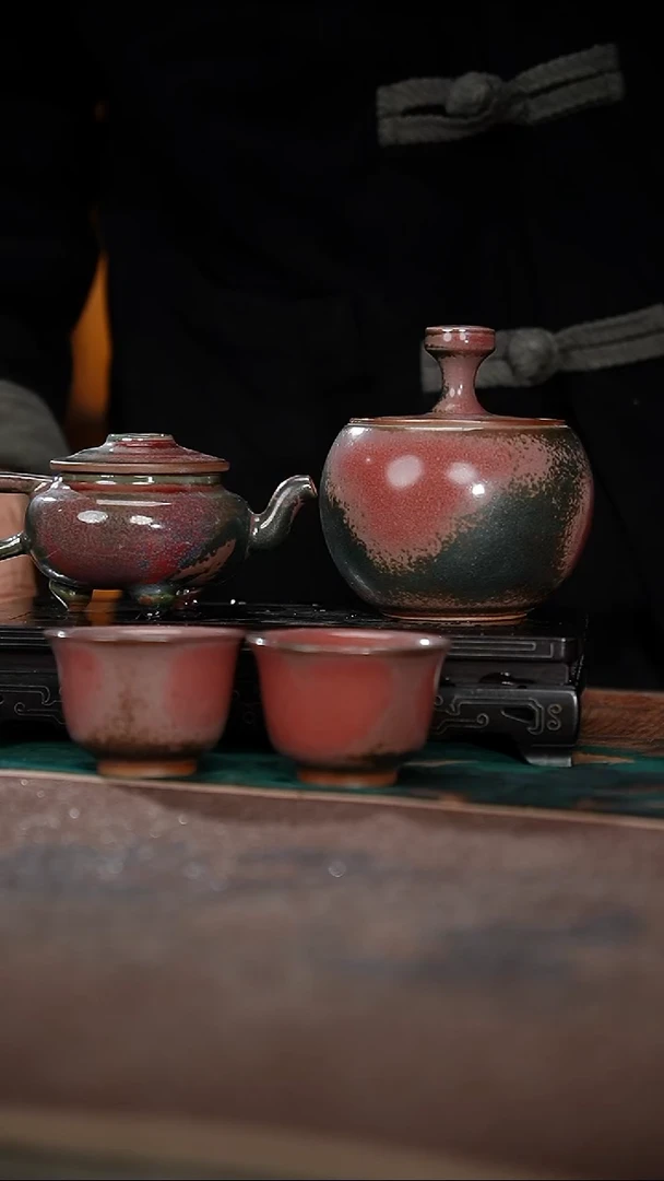 53+55-5三足壶+鼓型茶仓（炉钧釉）+两个客杯