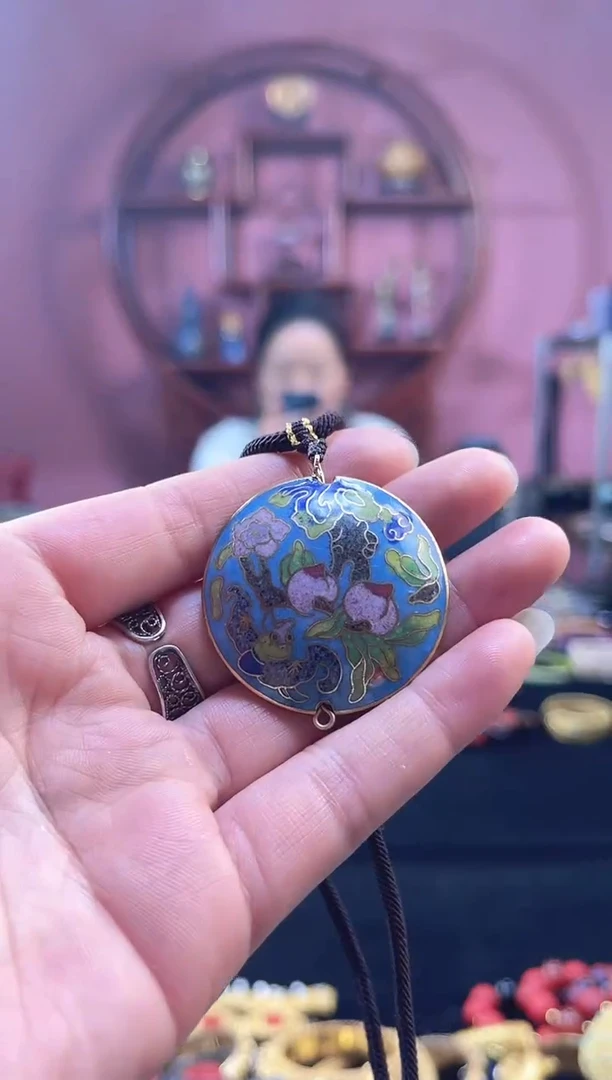 非遗 景泰蓝吊坠 湖蓝 三多图