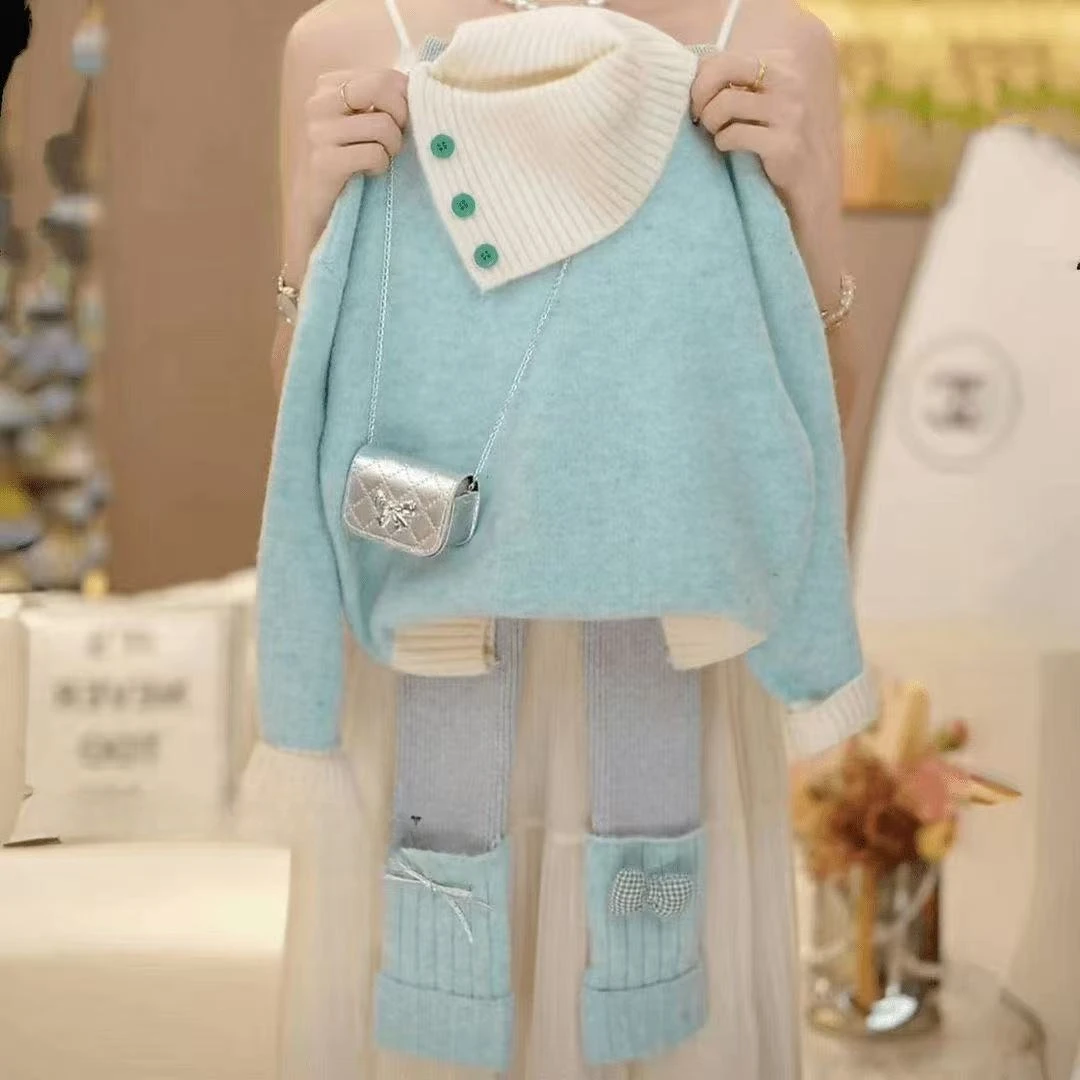 女童春秋套装2025新款儿童拼接格子针织开衫打底裤秋装时髦两件套