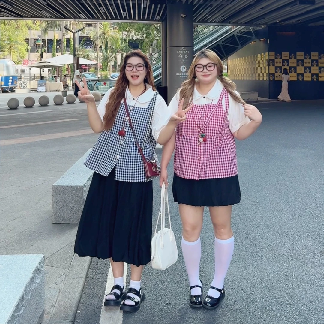 大码女装夏季新款假两件短袖衬衫上衣拼接格子上衣T恤7693