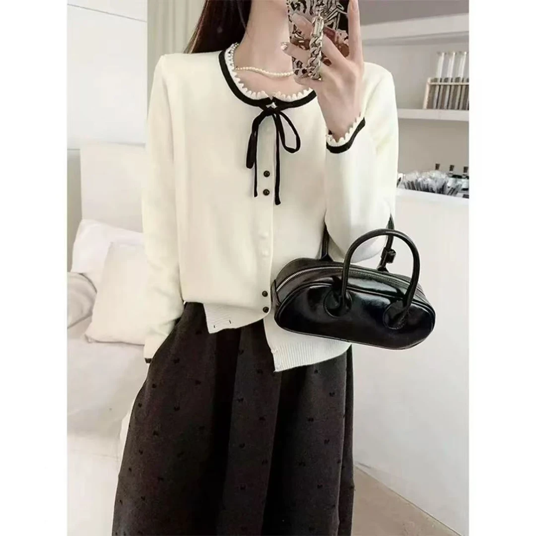 甜美小香风圆领花边系带针织开衫气质百搭小个子穿搭长袖上衣