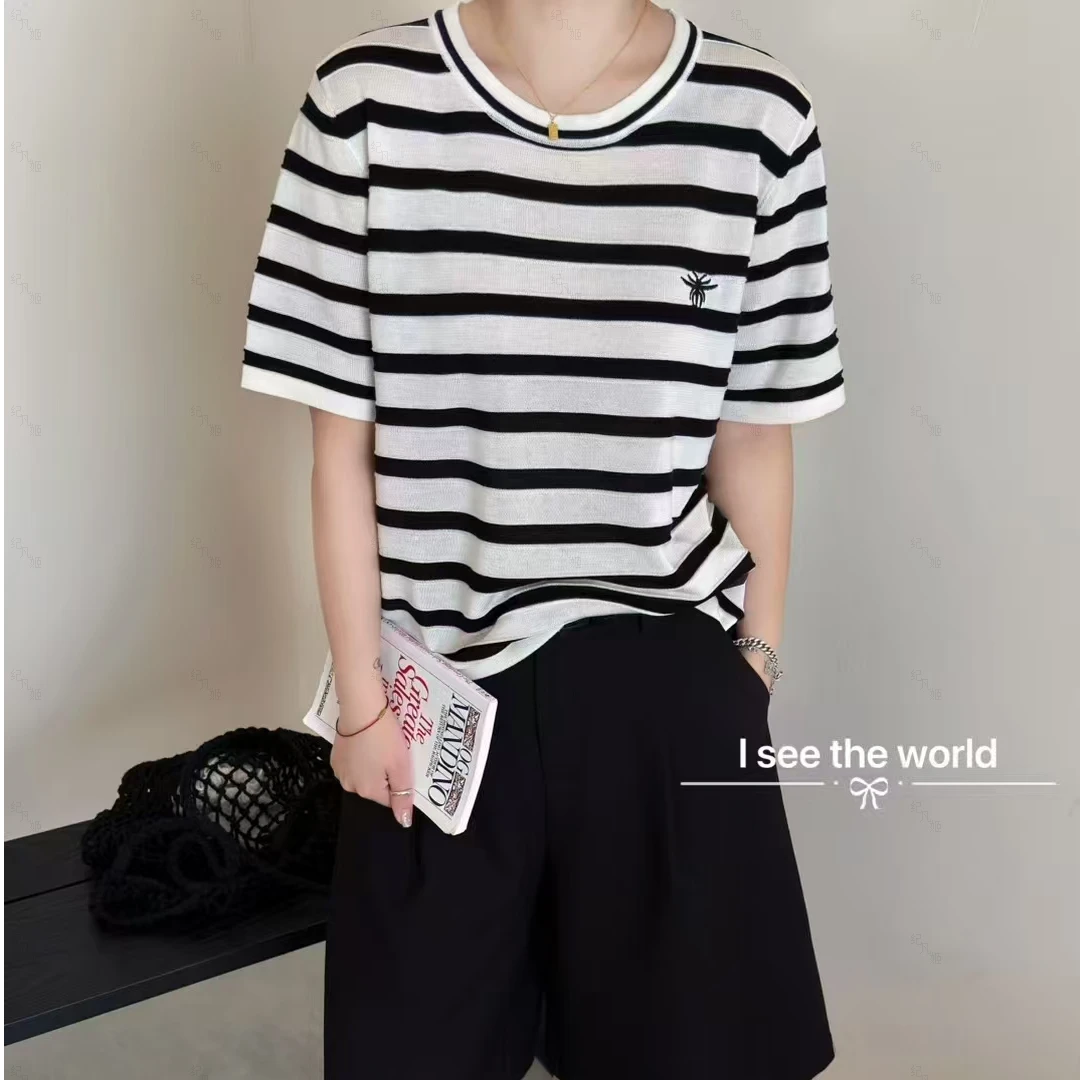 纪凡姬/4037-莱赛尔气质条纹短袖女夏季宽松针织T恤衫