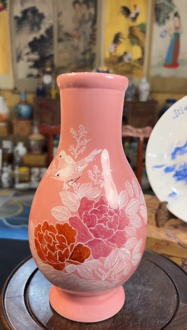 摆件瓷景德镇高端粉釉花鸟赏瓶