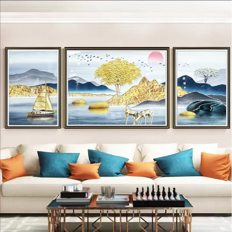 M18【金树麋鹿】新中式客厅实物画现代轻奢沙发背景墙家居三联画