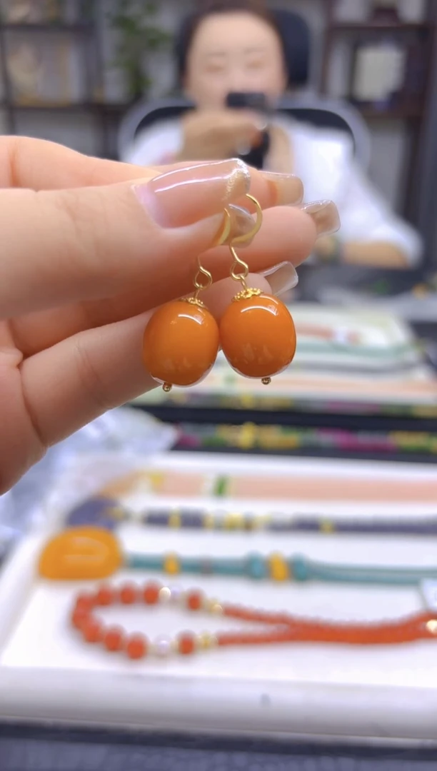 14K金镶嵌蜜蜡耳饰DIY款E72