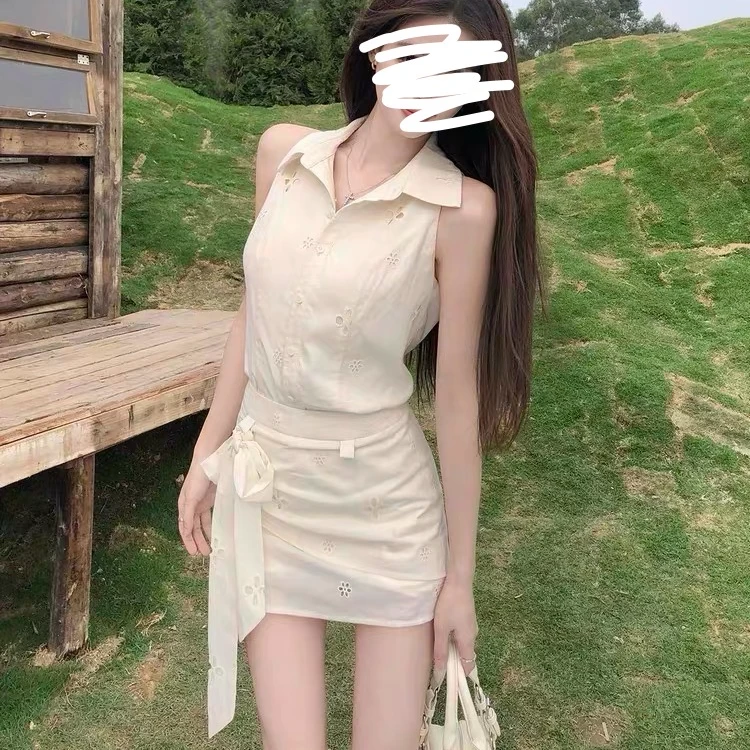 法式纯欲修身上衣加裙子两件套装女设计感无袖背心上衣半身裙夏季