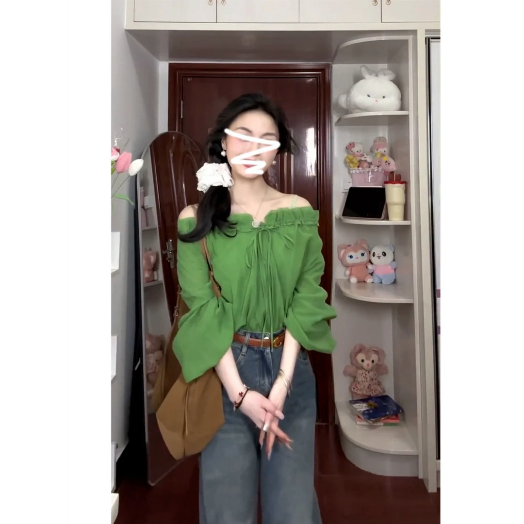 绿色衬衫女2025新款秋季法式衬衣漂亮小衫一字肩长袖上衣
