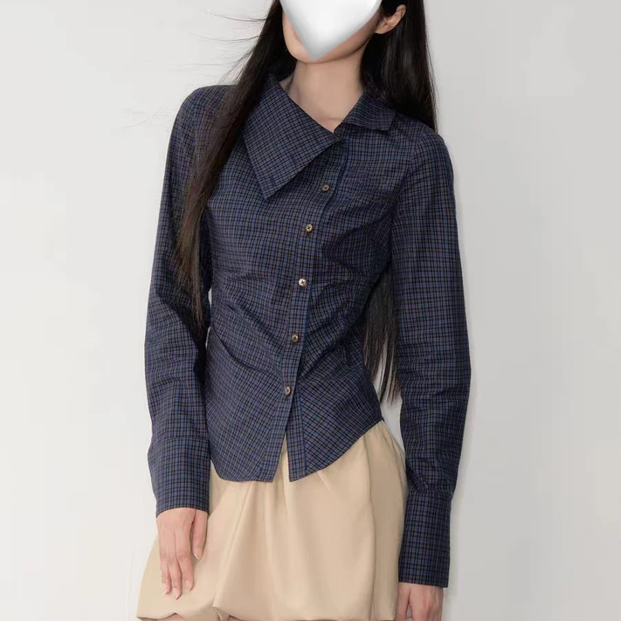 甜粿妹妹深藏青斜翻领复古格纹掐腰显瘦长袖衬衫上衣女
