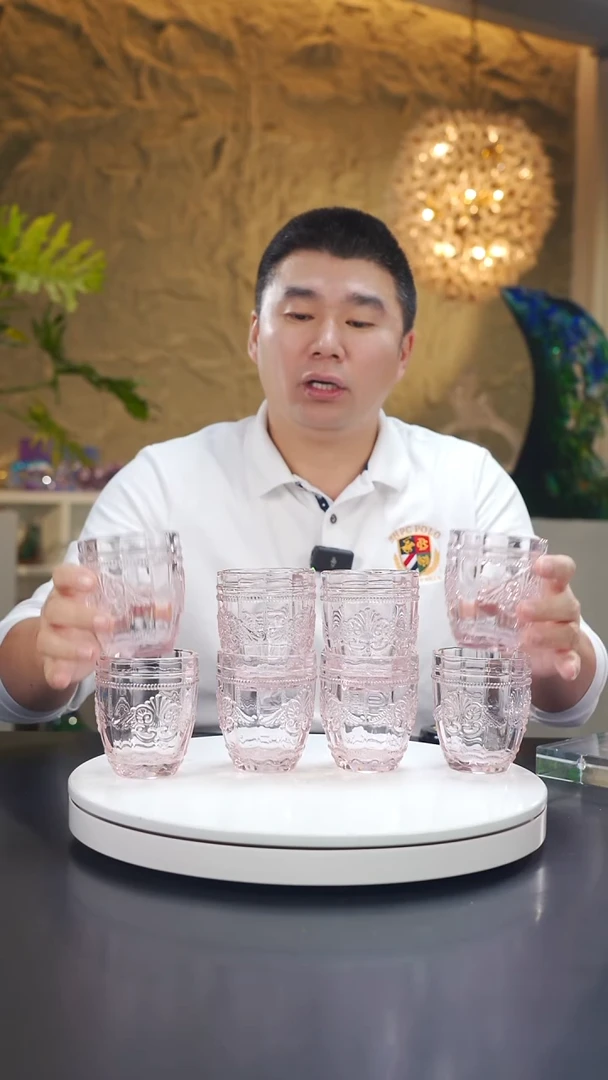 琉璃金粉色浮雕水杯8只