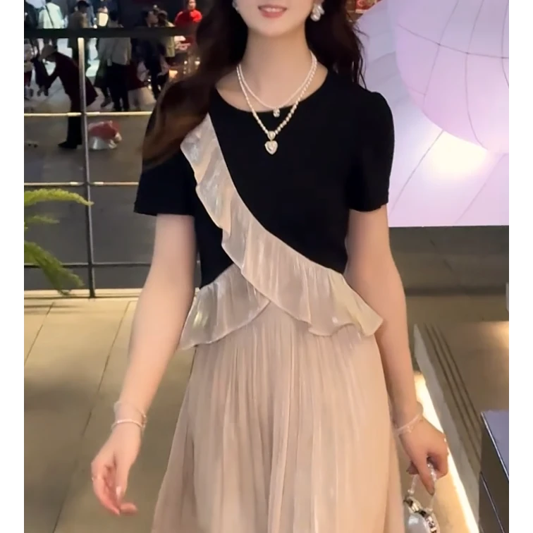 蔡小姐拼接亲肤女2025夏季高级感新款时尚洋气拼接花边减龄女短袖