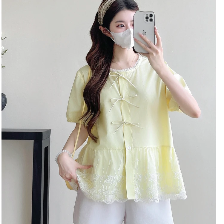 孕妇装夏季小清新气质显瘦减龄百搭蝴蝶结泡泡袖蕾丝边娃娃衫上衣