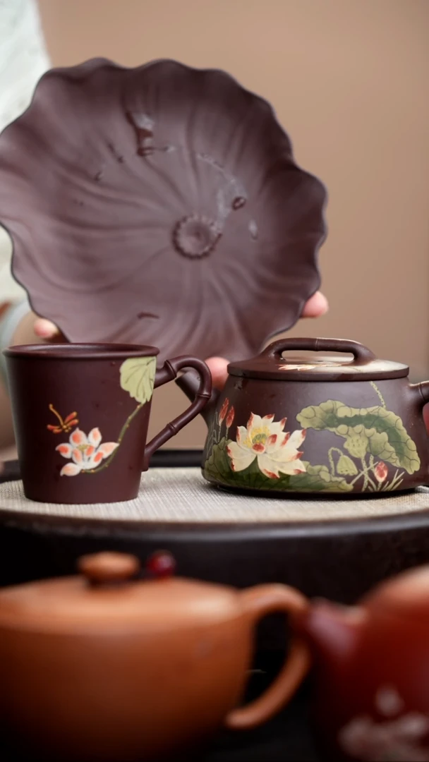 茶壶紫砂紫神泥宽口竹节石瓢泥绘荷花+杯+壶承012