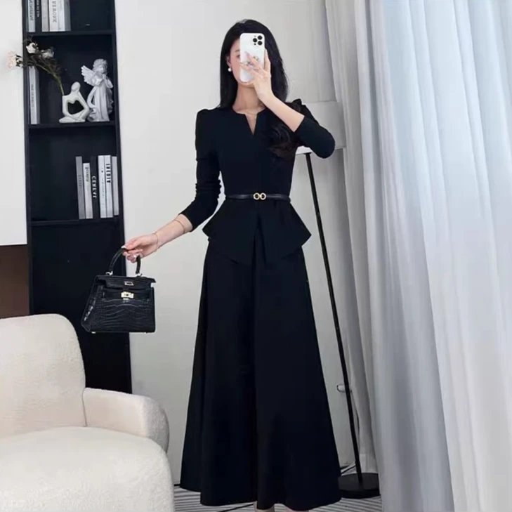 2025黑色长袖连衣裙女早秋搭配一整轻奢高级感半身伞裙气质两件套