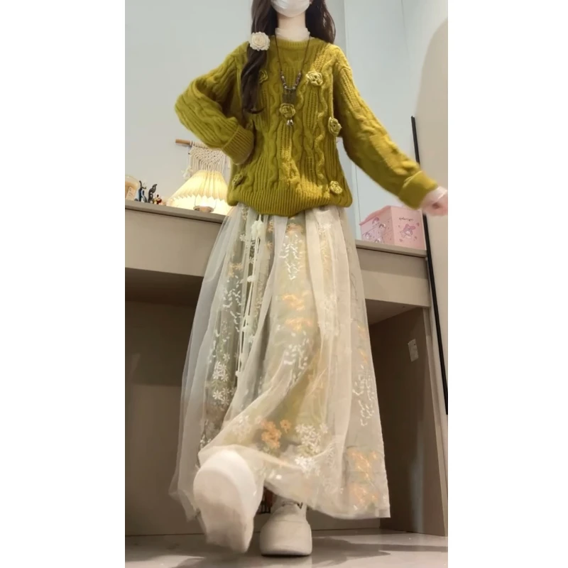 秋冬穿搭一整套韩系复古芥末绿立体花朵针织衫毛衣搭配网纱半身裙