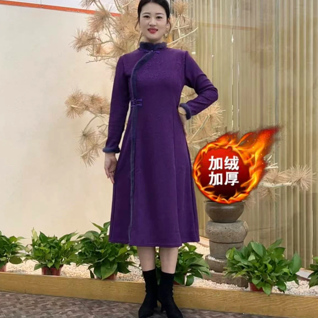 秋冬新款提花加绒加厚保暖旗袍连衣裙高贵夫人长款裙子