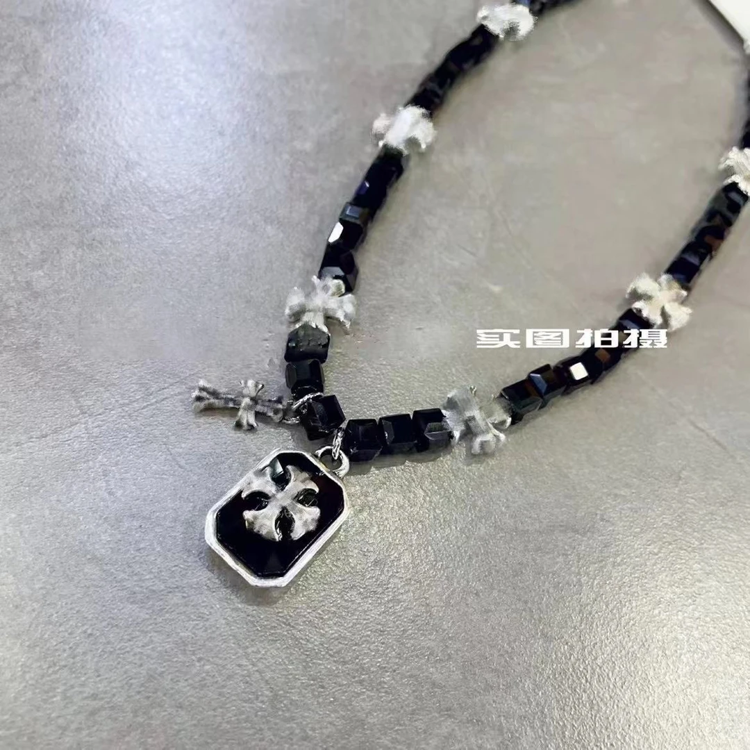 钛钢项链 7545#十字架方块吊坠黑色珠珠锁骨项链
