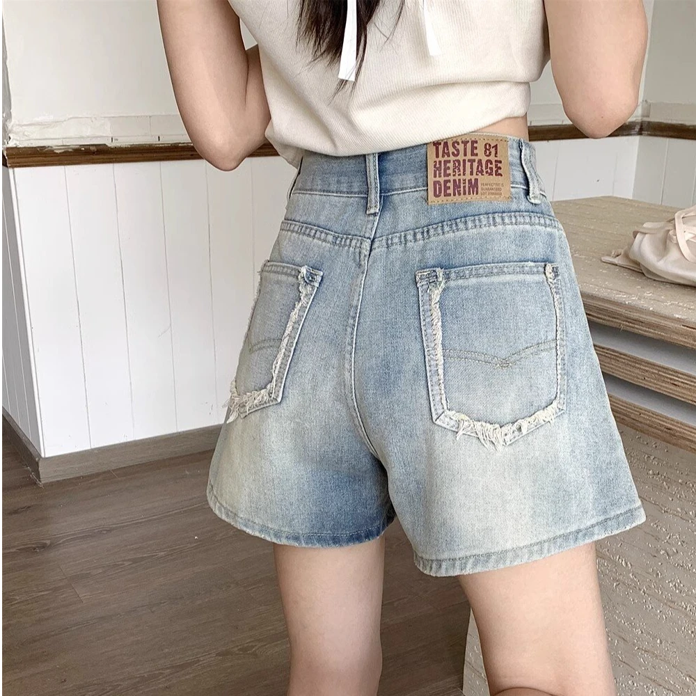 2025新款港风辣妹蓝色高腰直筒牛仔裤女显瘦阔腿热裤短裤夏季外穿