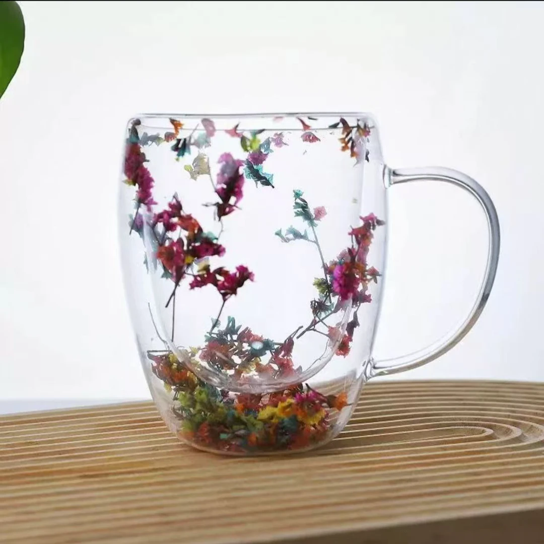 新款2只装永生花双层隔热玻璃杯网红水杯牛奶杯居家办公杯电陶炉