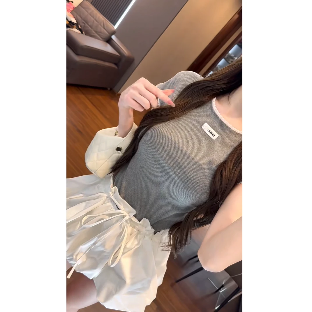 miu系千金套装花边拼接短袖T恤上衣女夏2025显瘦抽绳蓬蓬裙半身裙