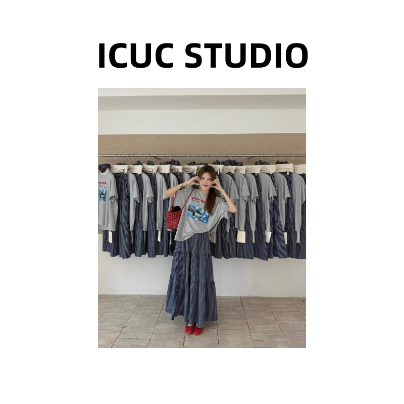 ICUC定制-夏季款美式复古字母印花T恤+格子半裙+发圈三件套8175