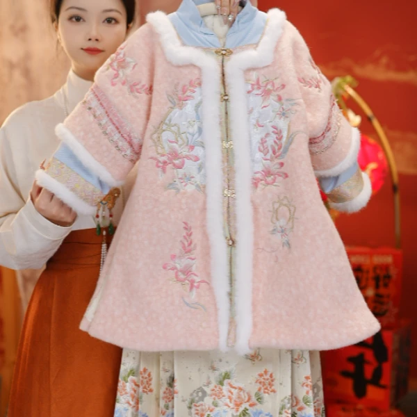 2【粉黛】长款外套套装马面裙女童明制新中式国风加绒冬季新年服