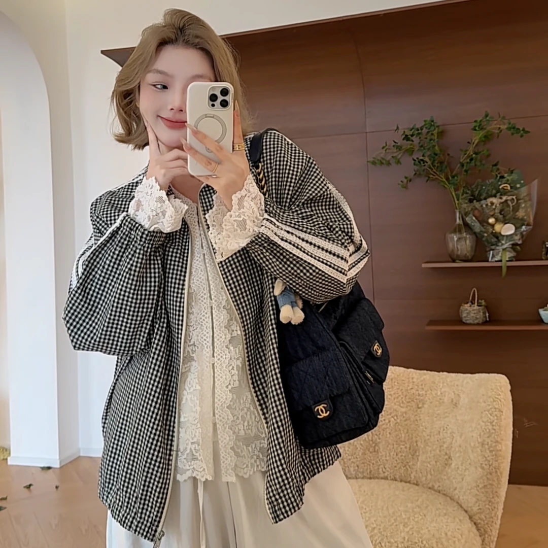 【瘦瘦】告白情书-复古格纹休闲显瘦立领夹克外套宽松设计感S0945