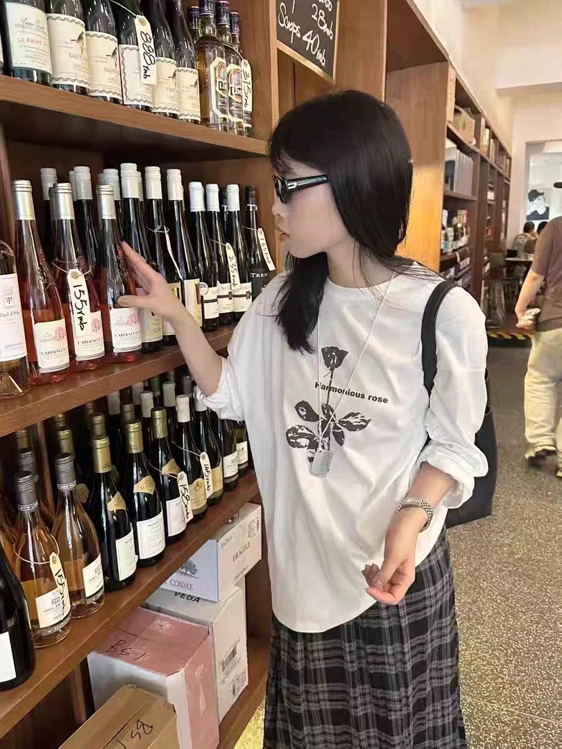 现韩国东大门代购spaghetti女2025秋季新款玫瑰印花长袖T恤