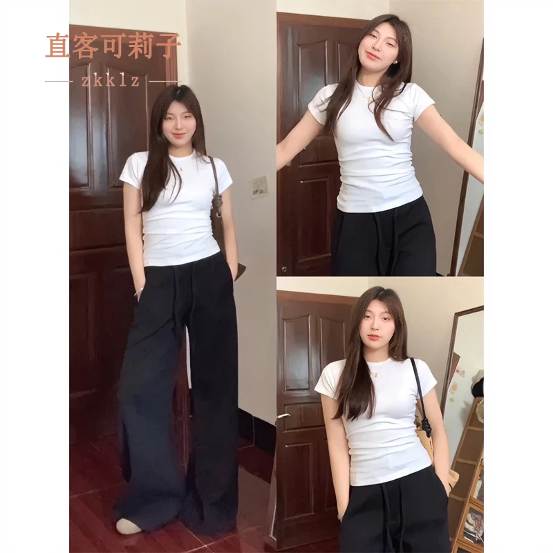 大码正肩短袖t恤女夏季新款修身显瘦内搭设计感休闲百搭圆领上衣t