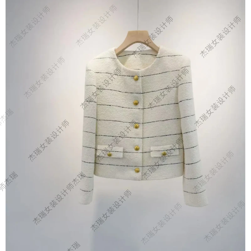 【塞纳晚风】 条纹圆领小香风气质外套长袖时尚上衣外套