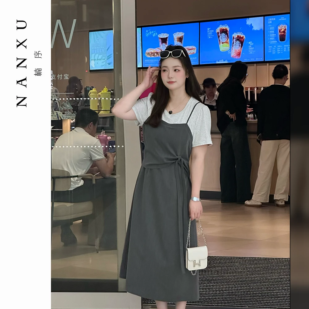 楠序【古俏格】魏魏微胖女装夏季气质收腰显瘦假两件连衣裙 NX13317
