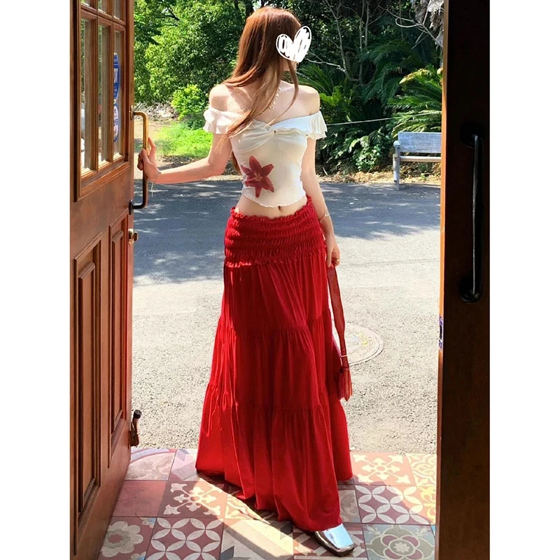 夏日绝美小套装女夏季法式氛围感度假风一字肩上衣半身长裙两件套