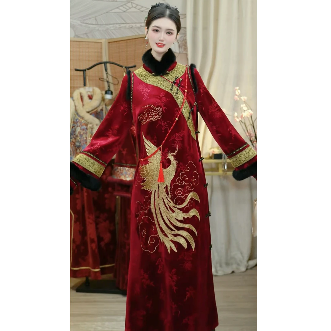 【羽唐名-丹绣金凰】国风刺绣盘扣加绒红色新中式时尚套装（5637）