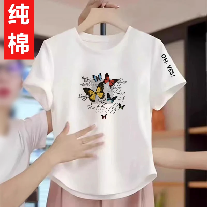 不规则时尚设计感2025夏季新款短袖修身圆领弧形白色印花