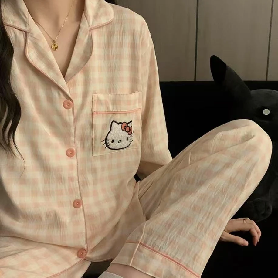 [粉格子凯蒂猫]四季长袖蓝格KT猫睡衣卡通减龄甜美透气亲肤女1844