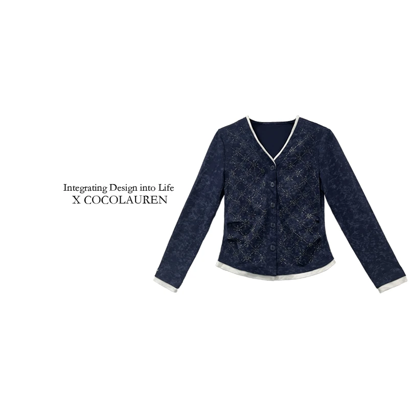 CoCoLauRen2025秋冬V领烫钻假两件长袖收腰T恤女A21908