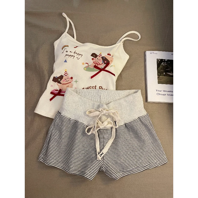 纯欲风小众卡通印花带胸垫性感吊带睡衣两件套女夏季小个子家居服