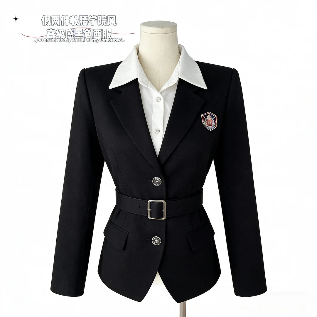 冬季设计感西装翻领双排扣绑带刺绣徽章显瘦正肩套装