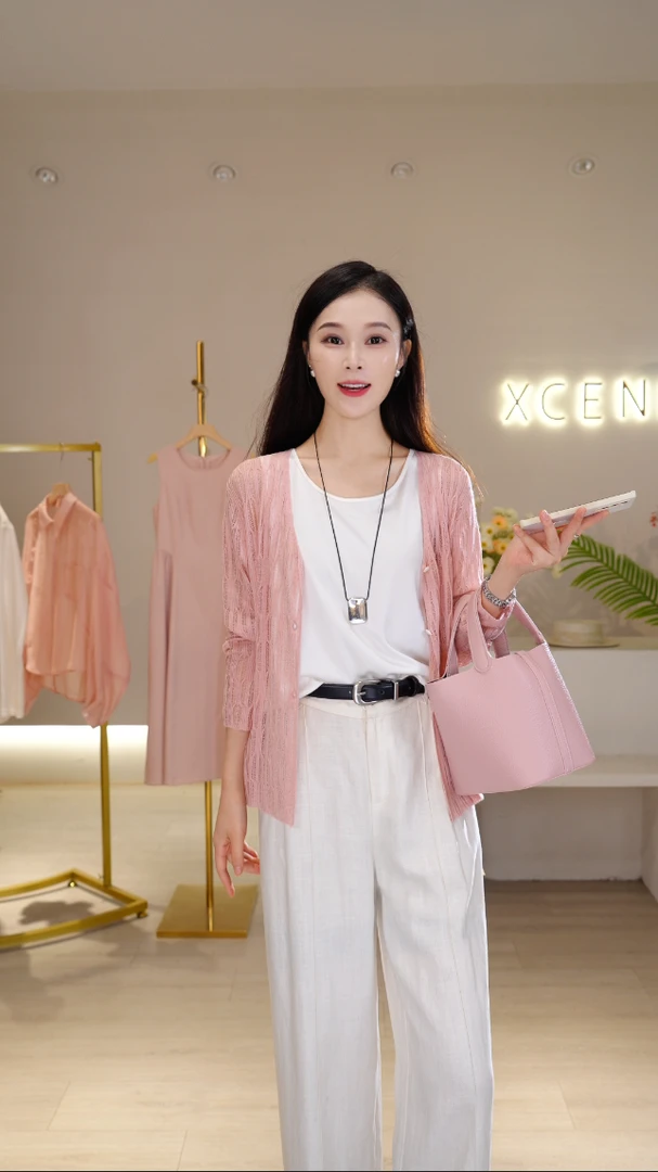 XCENN/V领镂空网纱针织空调开衫HUA0A9027