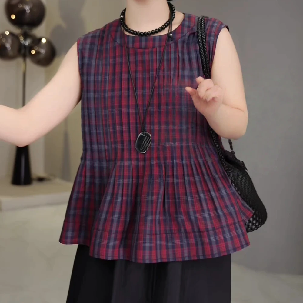 2025夏季复古撞色格子压皱后背系带时尚休闲格子上衣C5313