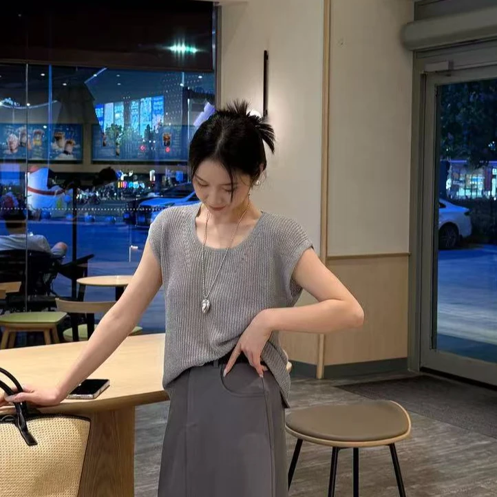 纯色夏季短袖圆领镂空女百搭气质纯欲风20250605