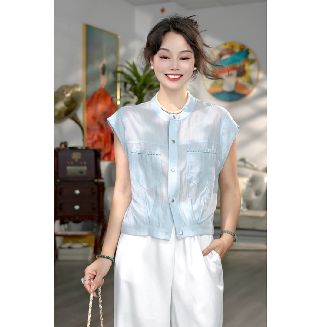 无印心匠K1811无袖简约纯色宽松型口袋衬衫简约设计感女装 A257-2