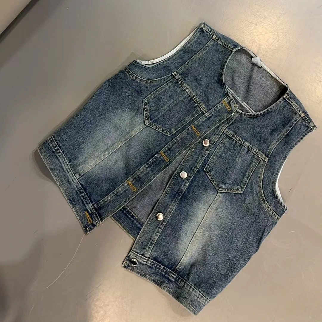 【文乐乐】春季新款个性洋气洗水磨白时尚休闲潮流百搭牛仔马夹6643