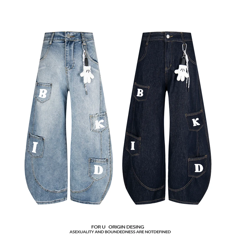 FOR U 原创国潮美式复古廓形牛仔裤宽松设计感多口袋带挂饰弯刀裤