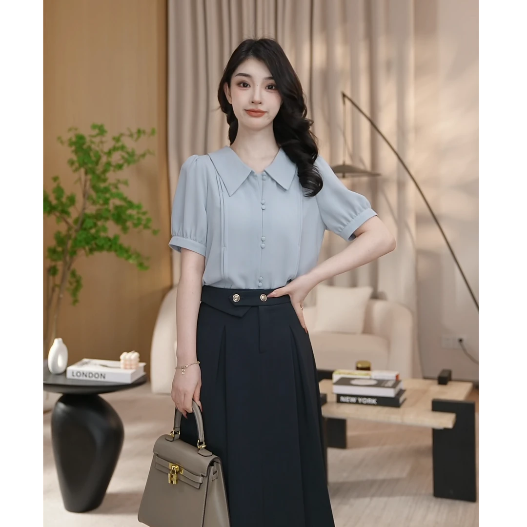 【曼贝破价】夏季新款宽松浅灰蓝知性时尚减龄气质女装8492229珮珮