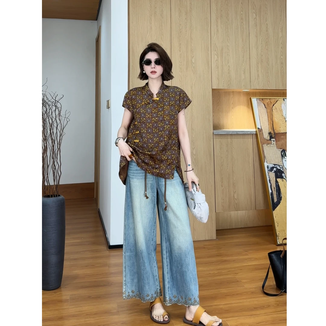 YYOUHAN 【末夏蝶音】小众设计休闲满印百搭夏季冰膜T恤 2506C3401